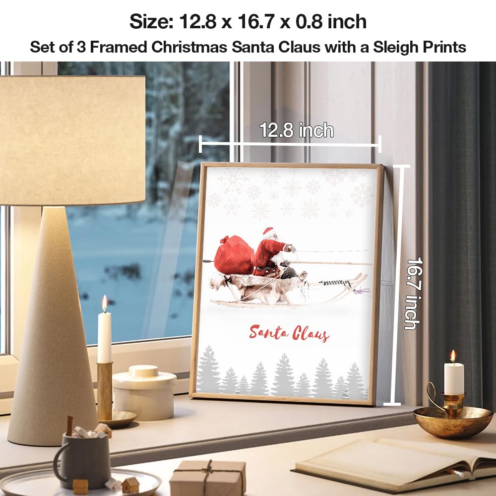 Framed Christmas Wall Art, 3 Pack 12x16 Inch Santa Claus with Sleigh Deer Canvas Pictures for Bedroom Office Home Decor