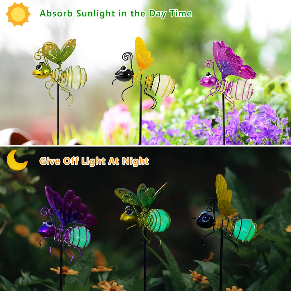SATHGA Garden Decor for Outside,3 Pcs Luminous Insect Garden Decorative Stakes,Glow in The Dark Bee Lights Metal Yard Art,Waterproof Outdoor Spring Lawn Patio Pathway Decoration for Mom,Women,Grandma