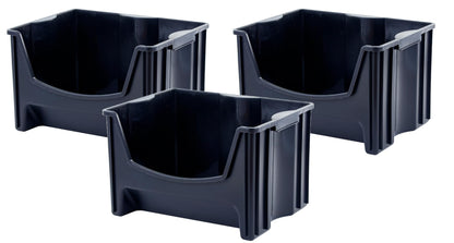 Mighty Tuff Jumbo Stackable Storage Bins, Pack of 3, Easy-Access Storage, Large Easy-to-Grip Handles, Wide Front Opening, Interlocking, Stack Vertically, Black
