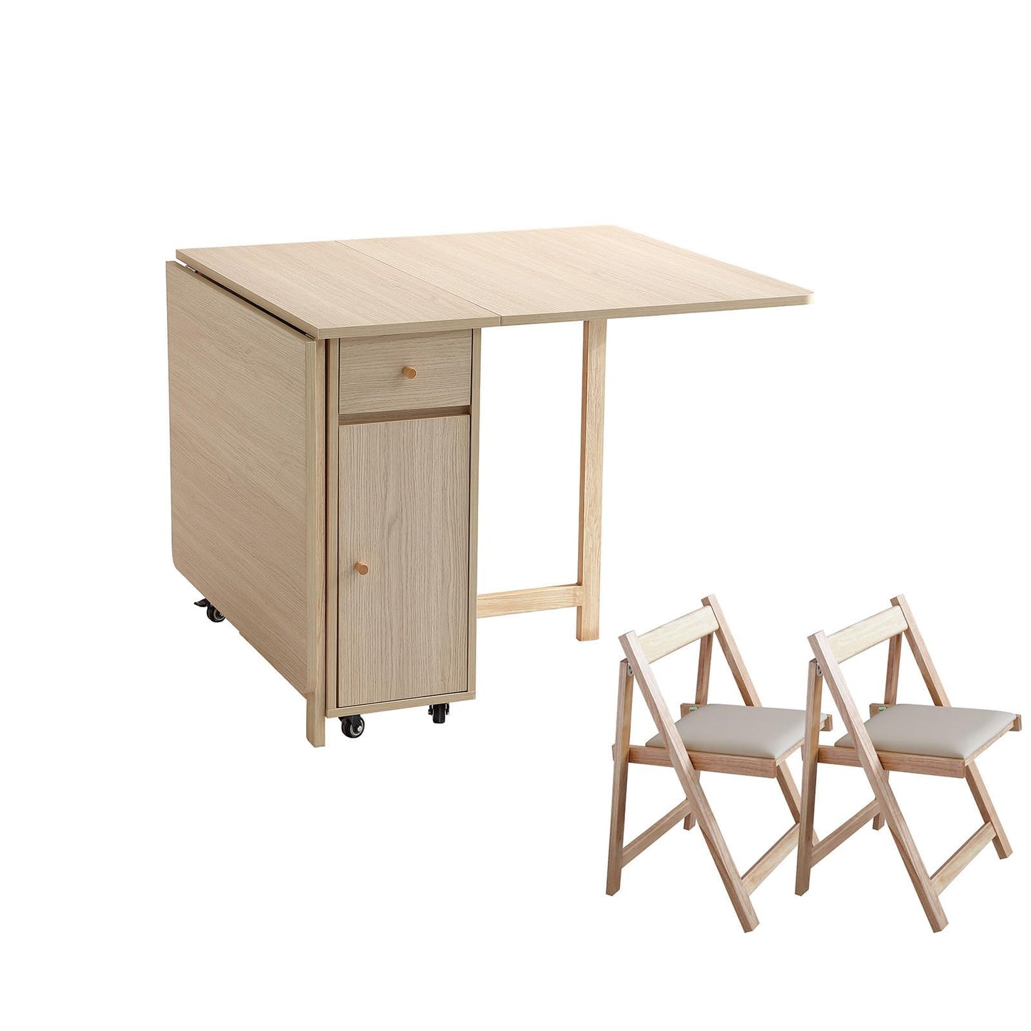 COMUHOME Wood Drop Leaf Folding Dining Table with 2 Drawers and 4 Wheels, Wood Padded Folding Chairs Set of 2, Space Saving Dining Table with 2 Chairs