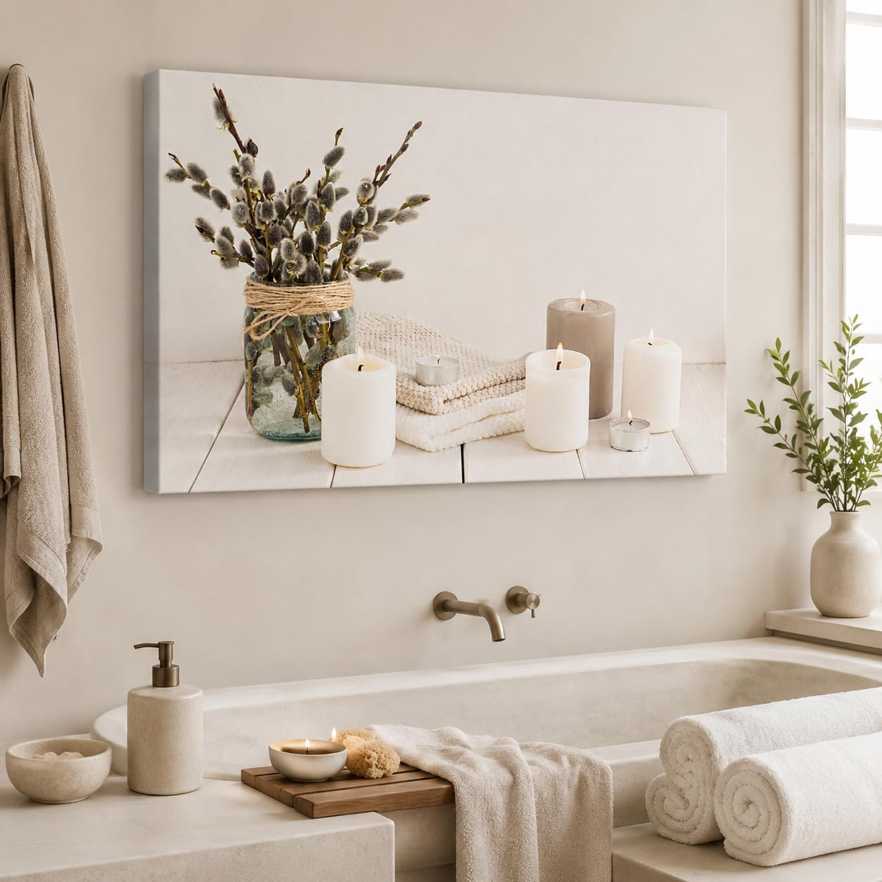 Zen Wall Art Decor - Modern Bathroom & Relaxing Canvas Wall Art for Spa, Home & Office - White Candle & Plant Art Prints - 12x18 Inches