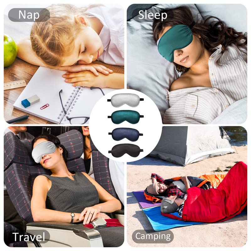 BBTO 4 Pcs Silk Sleep Eye Masks Smooth Soft Satin Eye Covers with Adjustable Strap Blindfold for Sleeping Blocking Out Lights Travel Relaxation (Royal Blue, Dark Green, Navy Blue, Black)