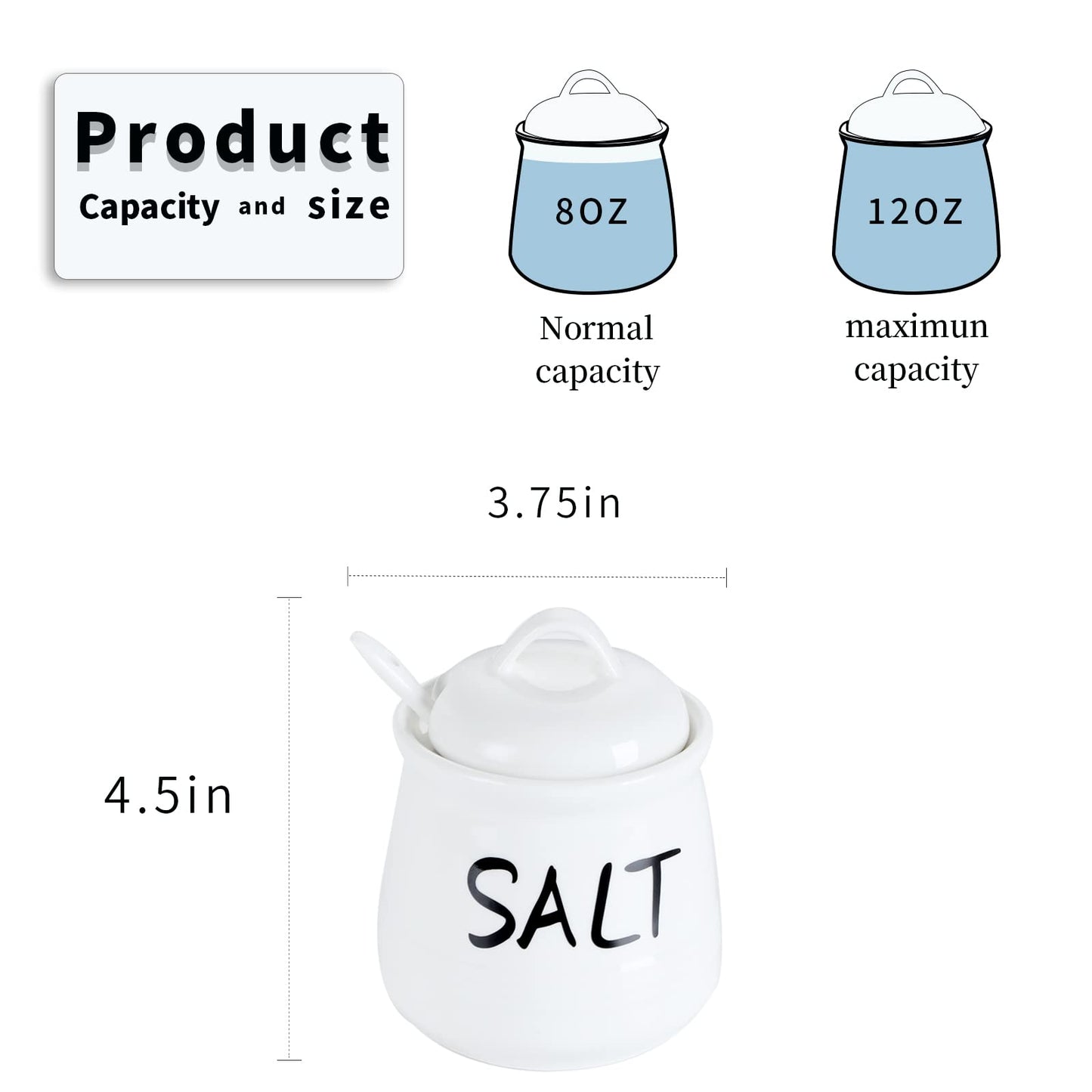 Salt and Sugar Bowls with Lid and Spoon -12 oz Ceramic Salt and Sugar Cellar Set, Salt and Sugar Containers, Spice Box for Counter, Farmhouse Kitchen Decor, White