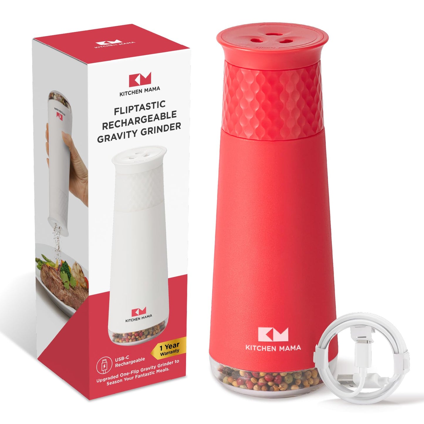 Kitchen Mama FlipTastic Rechargeable Salt and Pepper Grinder – Gravity Electric Grinder, Pepper Mill, Adjustable Coarseness, One-Hand Operation, Refillable Salt and Pepper Mill for Kitchen (Red)