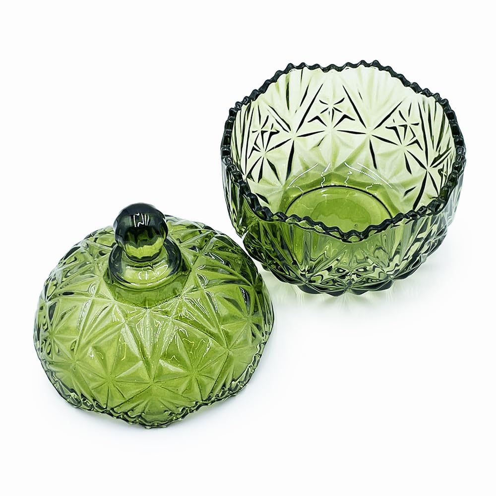 EWEIGEER Colorful Crystal Glass Candy Snack Barrel Storage Jar Embossed Luxury Cookie Buffet Canister With Lids Jewelry Box Jar Biscuit Containers(Olive Green Color)