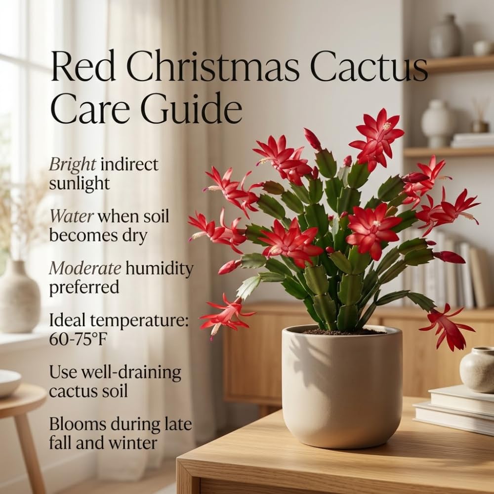 2 Red Christmas Cactus Live Plant, 5-6 Inch Tall, Easy to Care Indoor Winter Houseplant for Office Desk and Patio Decor, Vigorous Live Holiday Plant