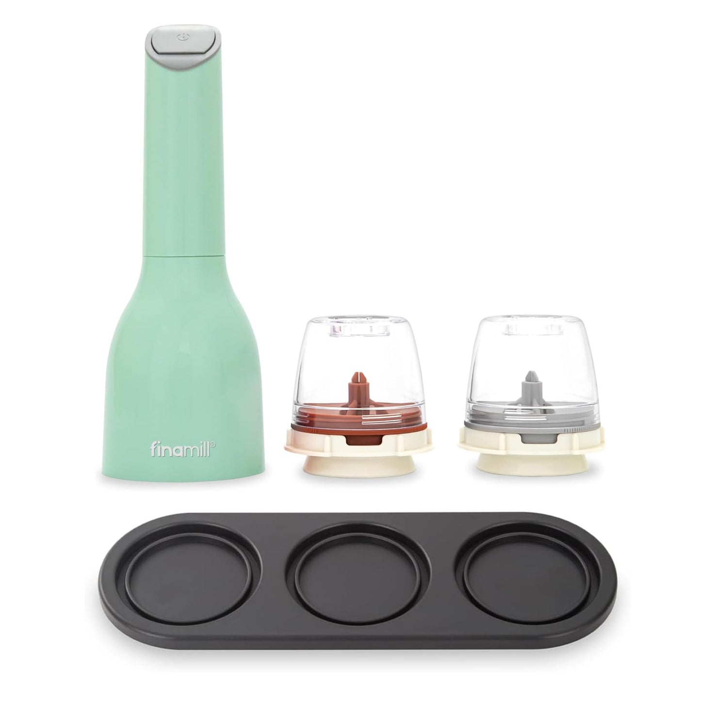 FinaMill Classic Battery-Operated Spice Mill Bundle with Black Trio Stackable Tray – One-Handed Grinder with Interchangeable Pods with Adjustable Coarseness - Valentines Day Gifts for Food Lovers