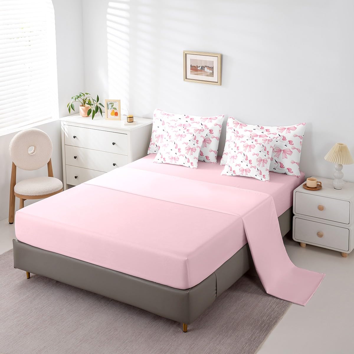 Erosebridal 7 Piece Girls Bowknot Kids Comforter Set King Bed in a Bag,Cute Pink Unicorn Bedding Set for Kids Child,Dreamy Princess Style Quilt Comforter,Girly Horse Bow Tie Valentine Duvet Insert