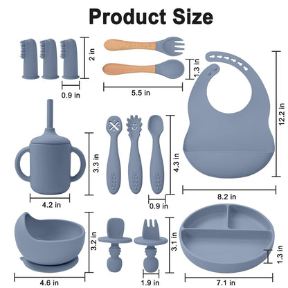 LITTLE RAWR Silicone Baby Feeding Set 14 Pcs,Baby Led Weaning Supplies, Baby Spoons Suction Bowl Divided Plate Bib Cup Finger Brush,First Stage Solid Food Eating Utensils - 6+ Months(Blue Gray)