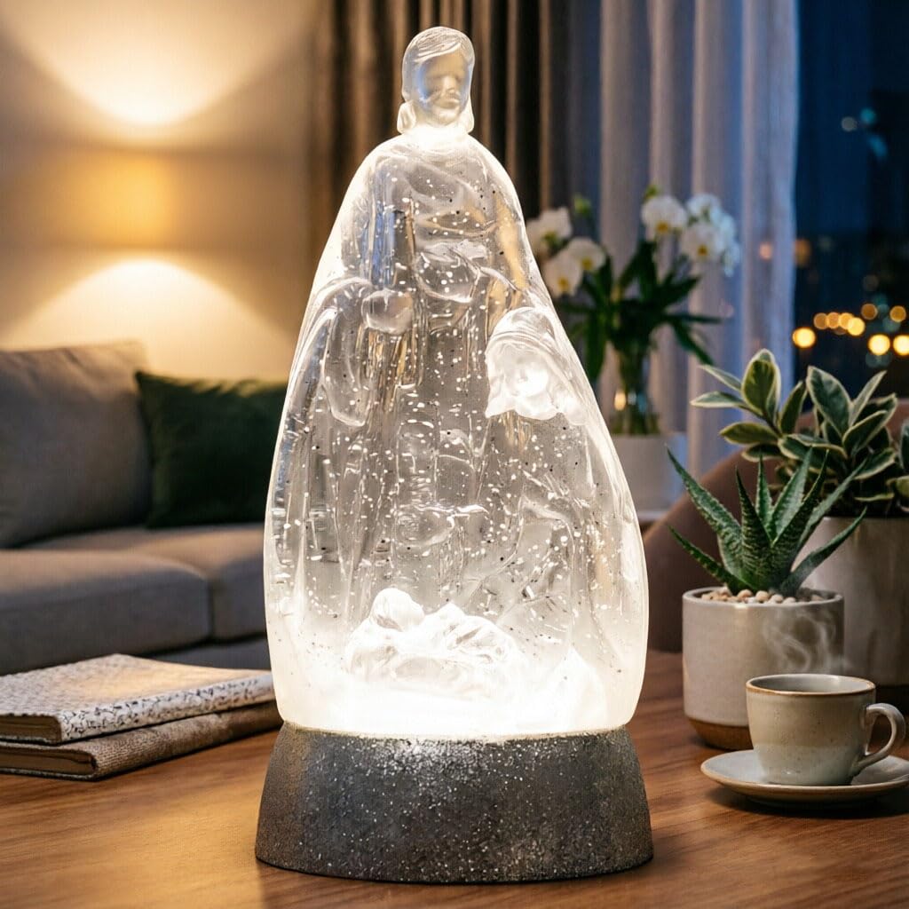 Nativity Snow Globe Holy Family Lighted Snowglobe Lantern with 6H Timer, Battery Operated Nativity Water Globe, White Nativity Scene Religious Decor Gift for Prayer Room, Church, Tabletop, Home Décor