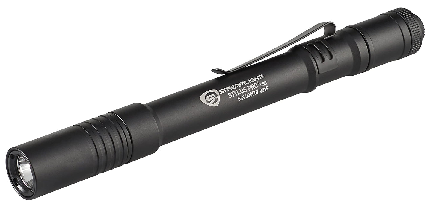 Streamlight 66133 Stylus Pro USB 350-Lumen Rechargeable Penlight with 120V AC Cord, Nylon Holster, Black
