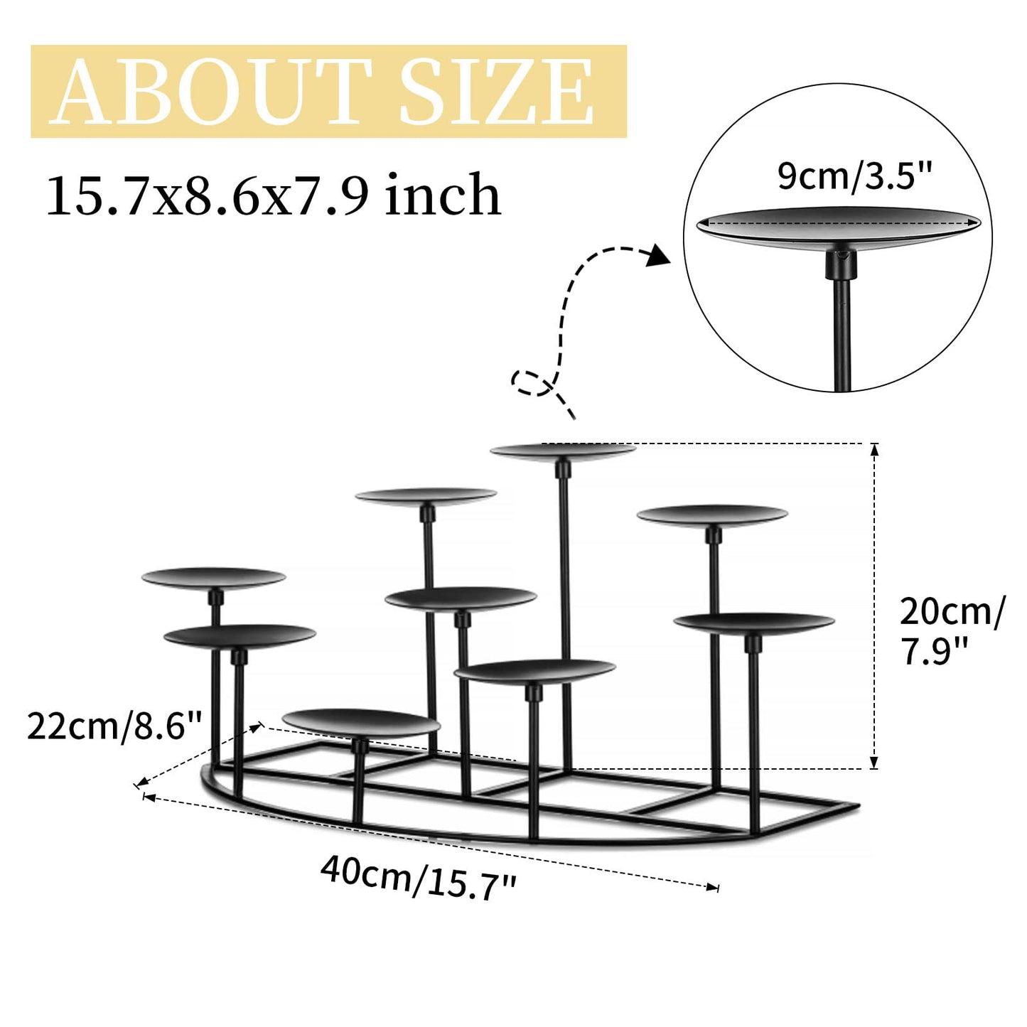 Romadedi Fireplace Candle Holder 9 Candelabra - for Pillar Candles Black Candle Stand Iron Table Centrepiece Mantle Floor Decor Christmas Advent Decoration