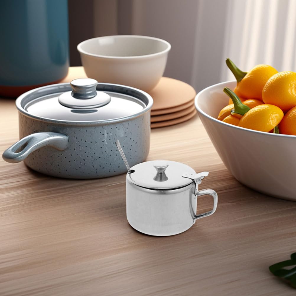 Healvian Stainless Steel Sugar Bowls Set of 3 with Lids and Spoons Multipurpose Kitchen Condiment Containers for Sugar Salt Pepper Spice Storage with Handles 3.93X3.14X2.67 Inches