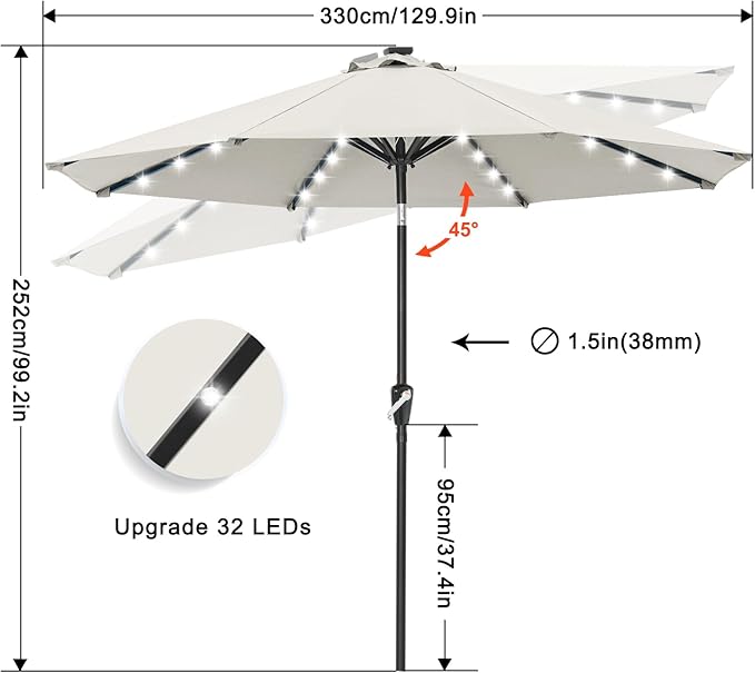 ABCCANOPY Durable Solar Led Patio Umbrellas with 32LED Lights 11FT (Light Beige)