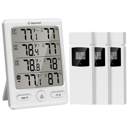 Geevon Indoor Outdoor Thermometer Wireless with 3 Remote Sensors, Digital Hygrometer Thermometer, Wireless Temperature Humidity Monitor Gauge with 200FT/60M Range (Black)