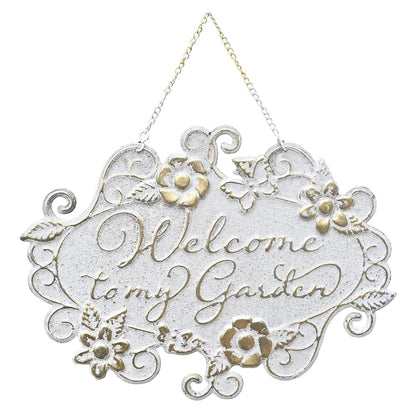 All Chic Welcome to My Garden Sign Hanging Yard Sign for Garden Decor Rustic Farmhouse Backyard Outdoor Wall Decor(White)