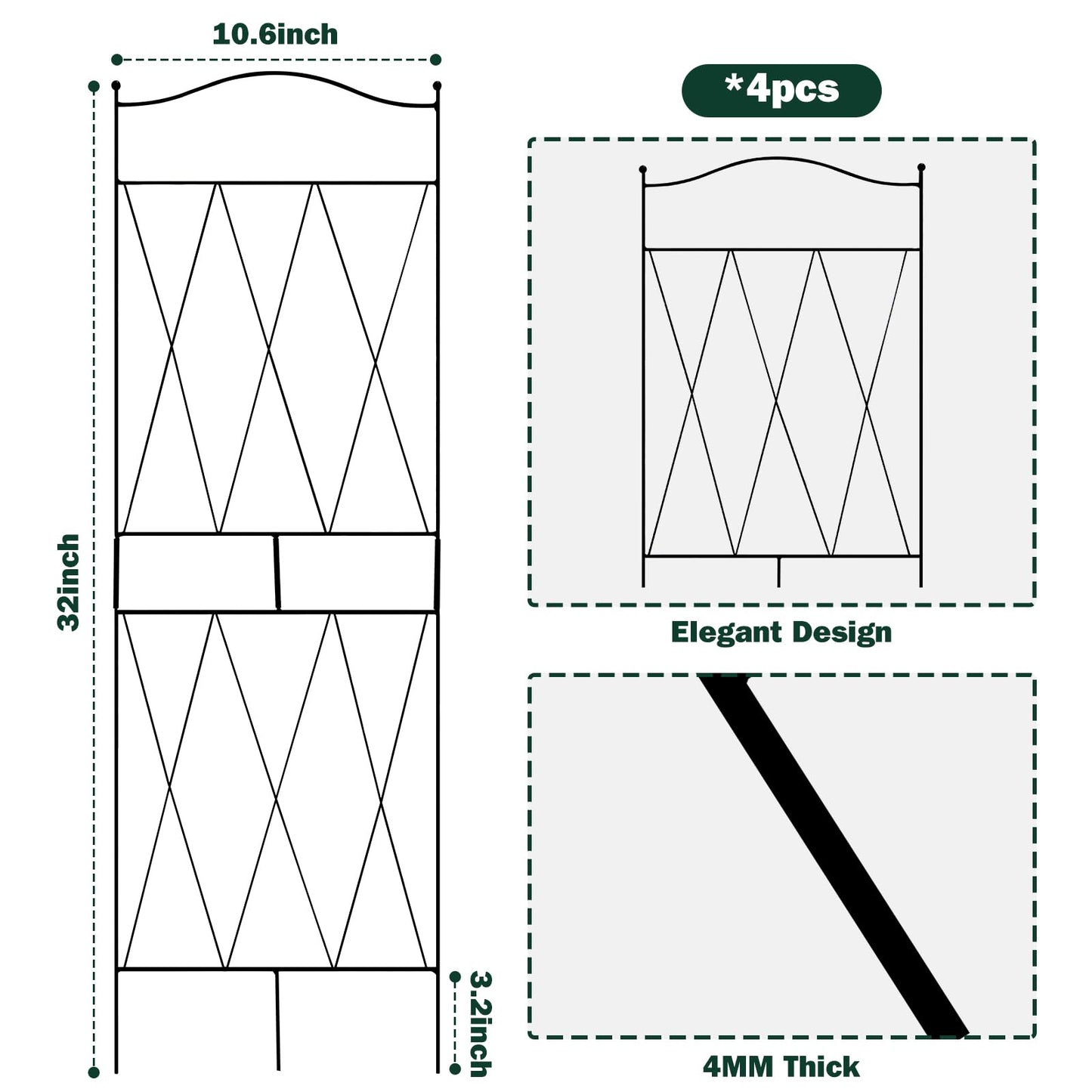 32 Inch Metal Plant Trellis for Climbing Plants, 4 Pack Garden Trellis, Decorative Support for Pothos, Monstera, Ivy, Flowers & Houseplants，Indoor & Outdoor