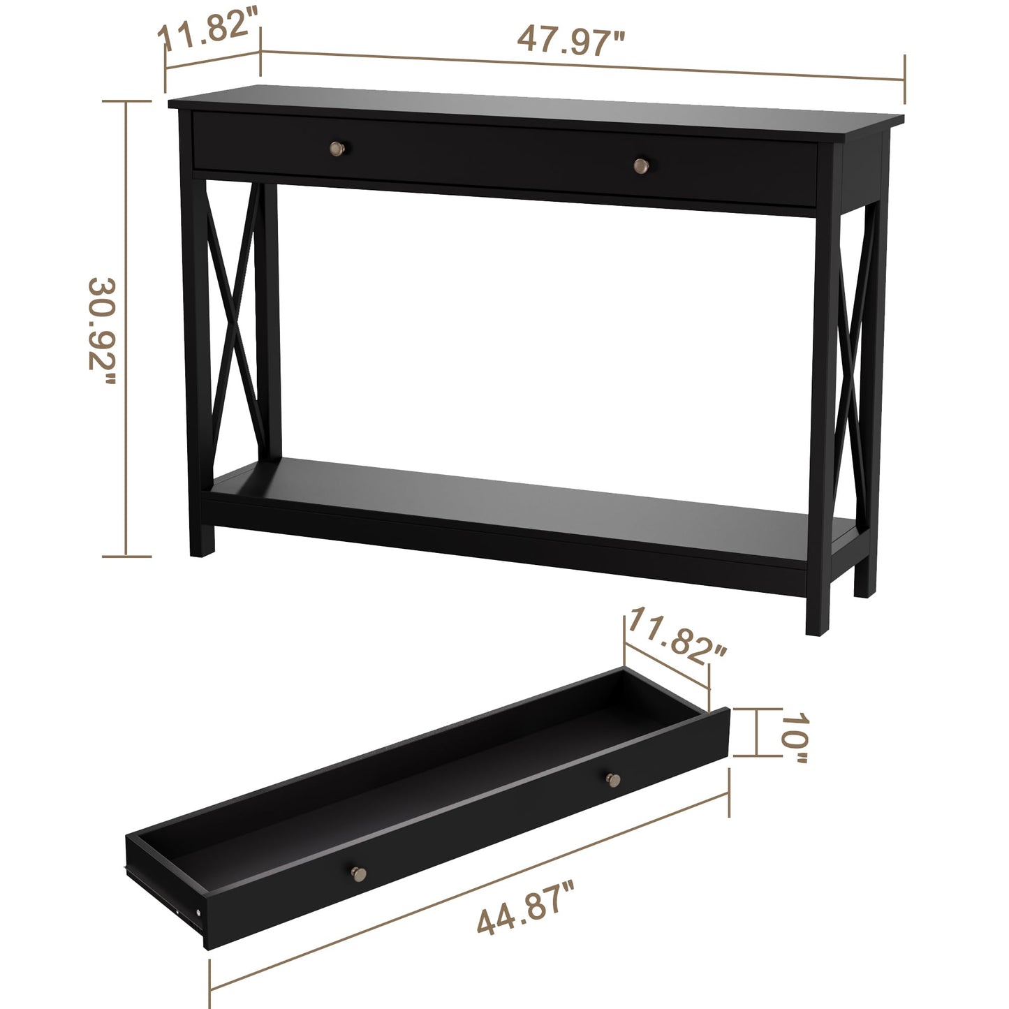 Treocho 47" Farmhouse Console Table with Drawer and Storage Shelves, Foyer Sofa Table Narrow for Entryway, Living Room, Hallway, Black