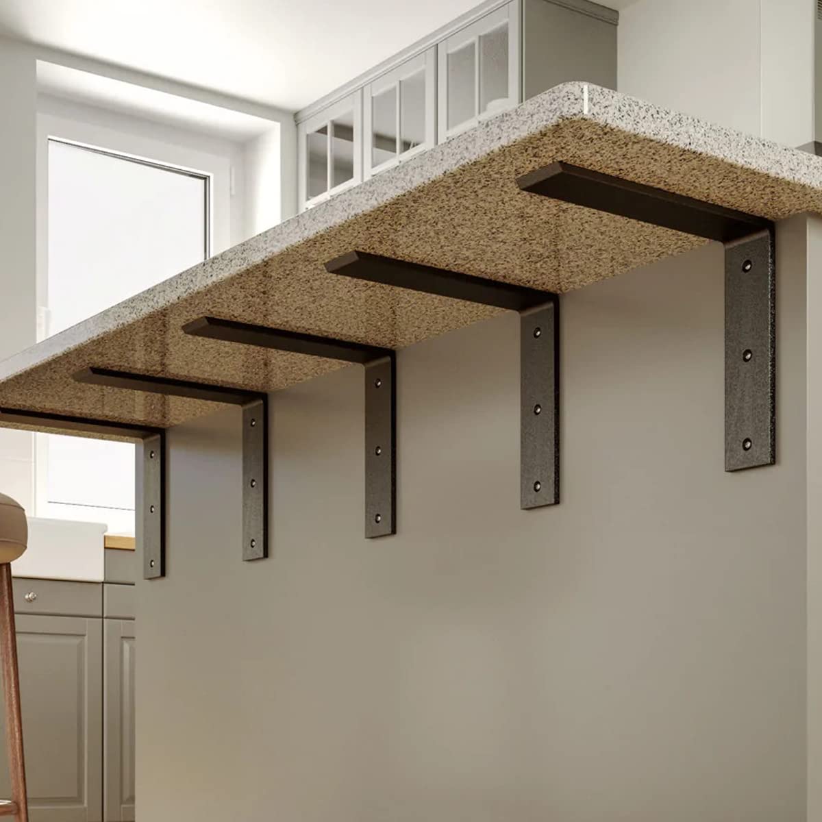 WINKER Countertop Support Bracket 6 Pack Heavy Duty 3/8" Thick Hidden L Shelf Bracket 10" x 6" x 2.5" Metal Corbels for Quartz/Granite/Wood/Concrete/Laminate Countertops, Black