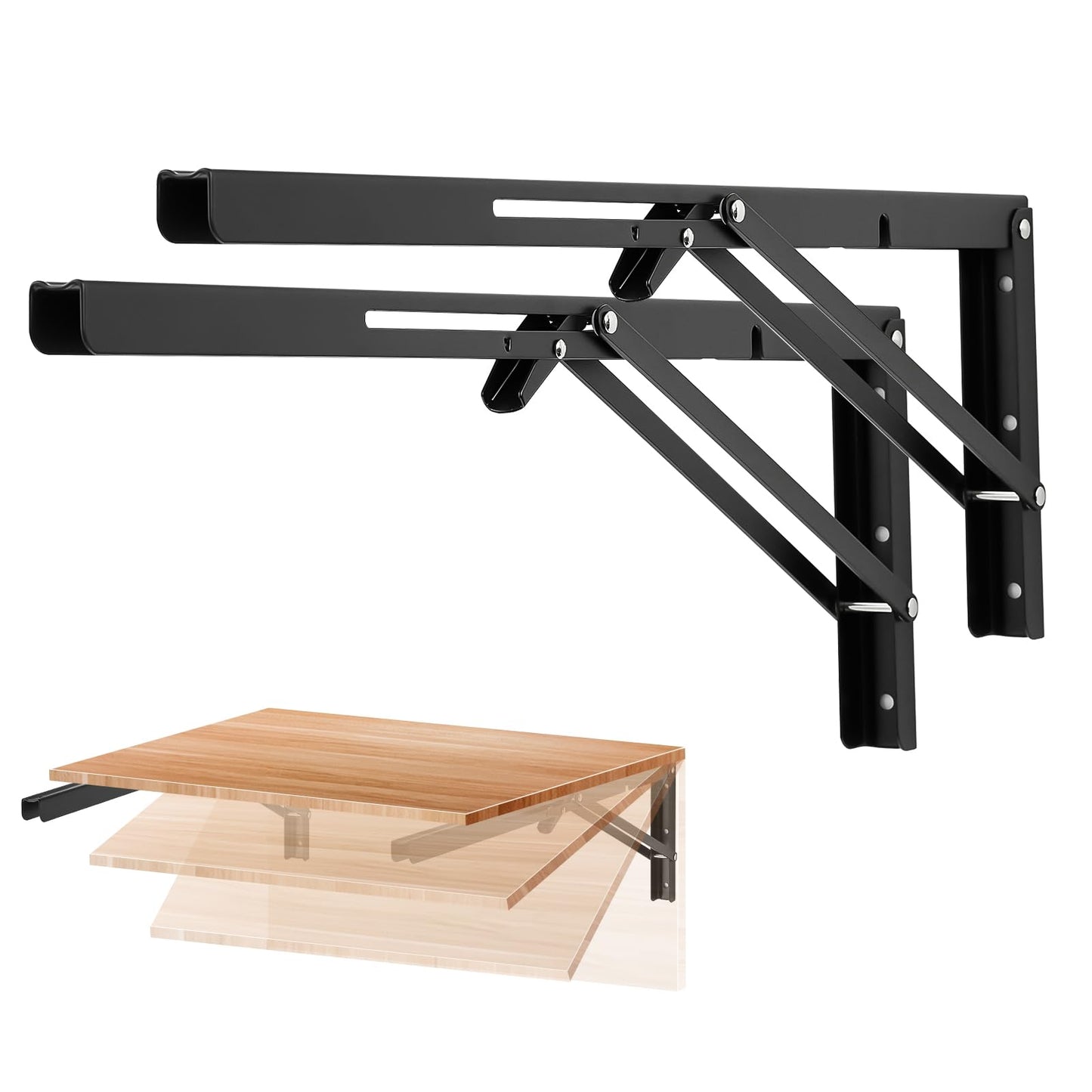 Ravinte 10 Inch Folding Shelf Brackets - Matte Black Collapsible Heavy Duty Brackets for Table Bench - Space Saving, 2 Pack ﻿