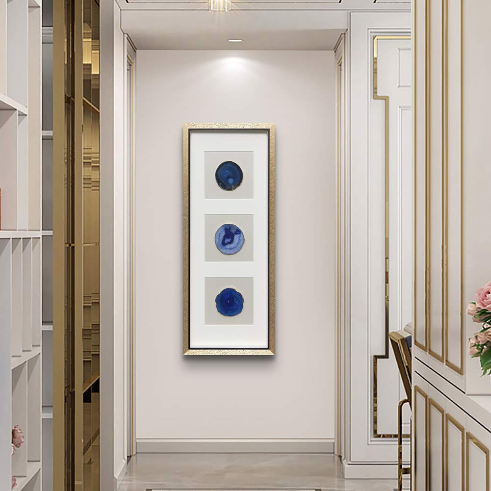 ARTECORS Handmade 15.7"x15.7" Gold Edge Natural Agate Wall Art with Shadow Box Frame Front Glass for Living Room Bedroom Home Decoration (Trio Blue)