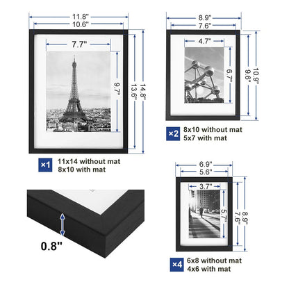 SONGMICS Picture Frames with 7 Mats, Set of 7 Collage Photo Frames, One 11x14, Two 8x10, Four 6x8 Frames, Hanging or Table Display, Glass, Black URPF37BK