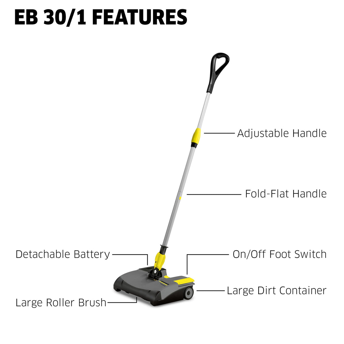 Kärcher EB 30/1 Commercial Electric Broom, Cordless Sweeper, Multi Surface Cleaner, Telescopic Broom Stick, Universal Joint