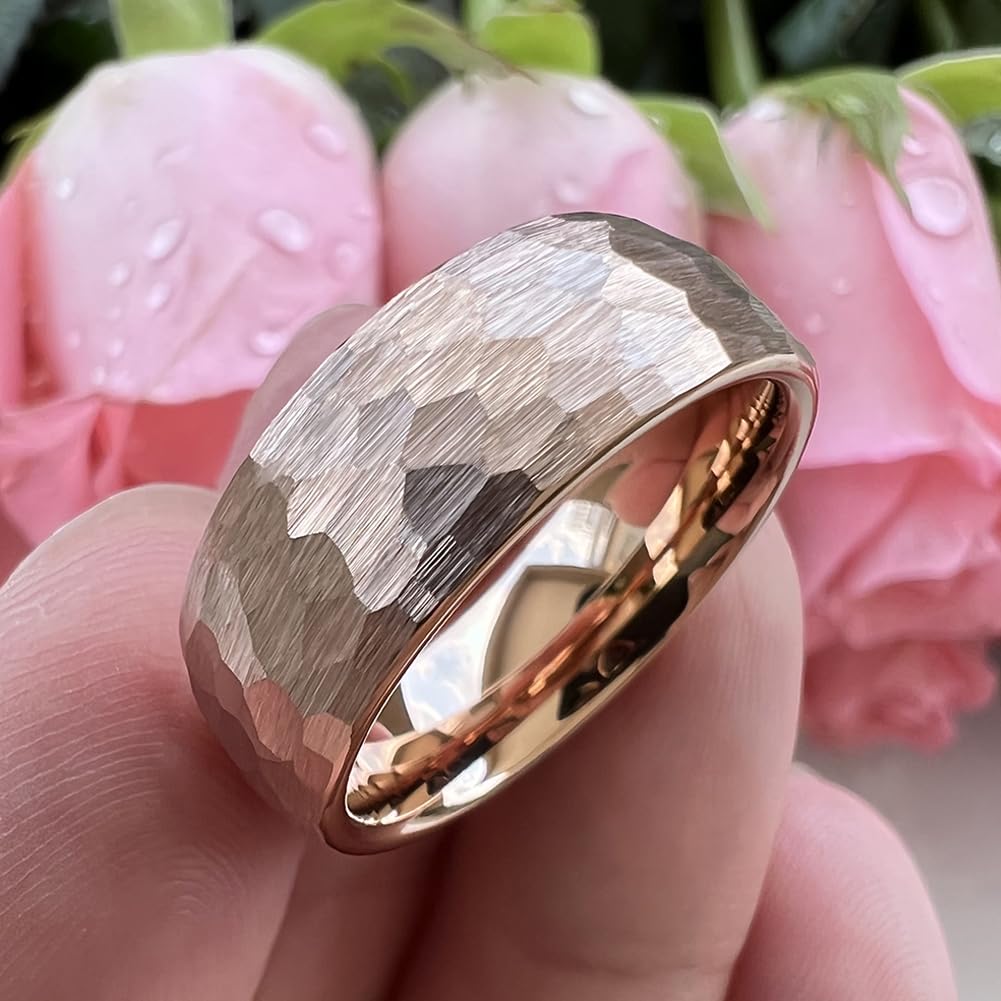 TUTISS 8mm Rose Gold Hammered Tungsten Rings for Men Women Engagement Wedding Bands Domed Matte Finish Comfort Fit Size 8