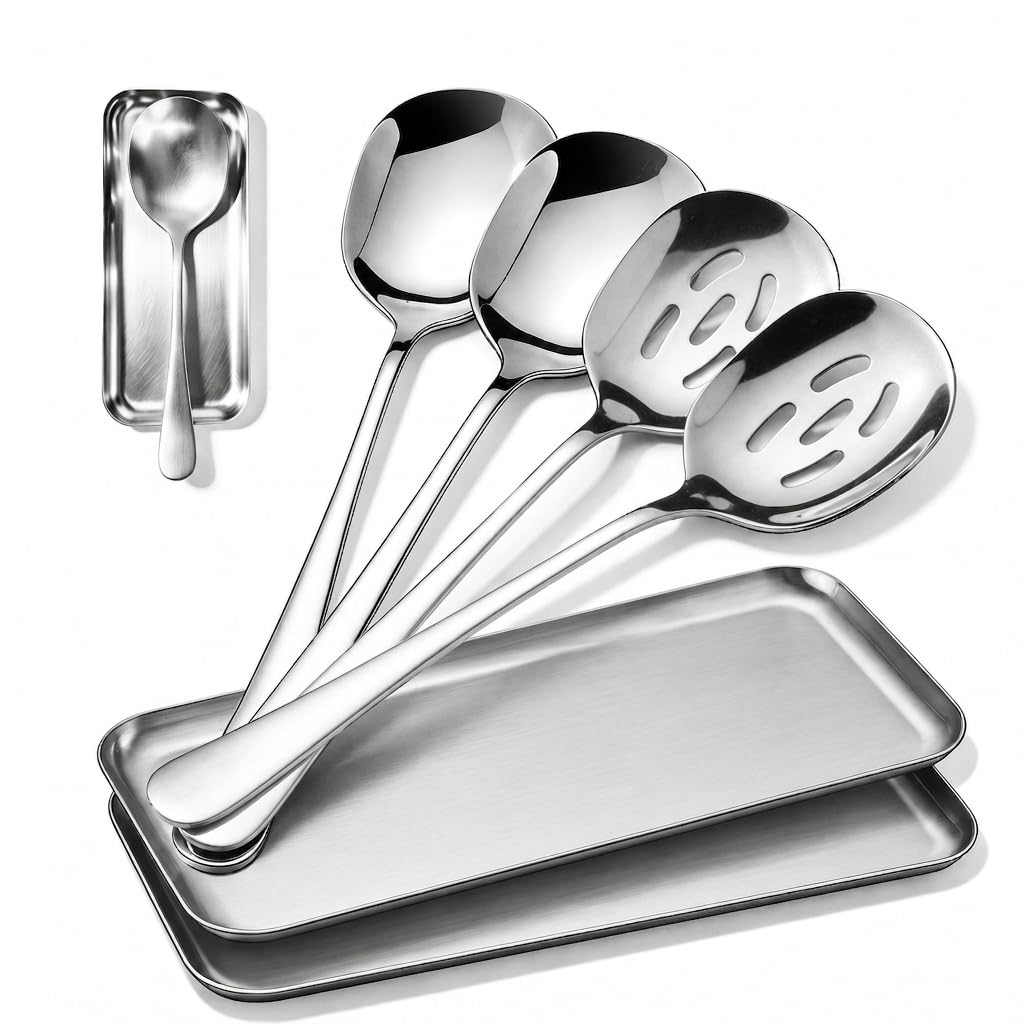 4-Piece Serving Spoons Set with 2 Spoon Rests, 18/8 Stainless Steel, 2 Slotted & 2 Solid Serving Spoons, Heavy Duty 304 Tableware for Buffet, Banquet & Kitchen Use