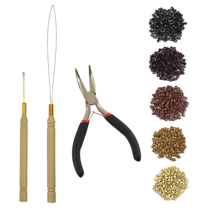 Hair Extensions Tool Kit Black Hair Pliers Pulling Hook Bead Device Tool Kits and 500 Pcs 5 mm Micro Links Rings Beads (Black)