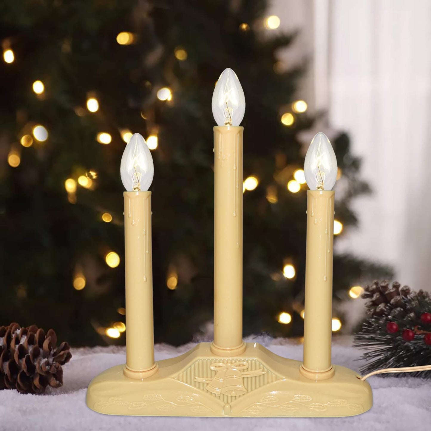 Oviejo 3 Light Christmas Window Candles, Electric Window Candle Lamp Lights Plug in Christmas Candle Lamp with 4 C7 Clear Bulbs (1 Spare Bulbs), Ivory Bases Plug in Candle for Decorations