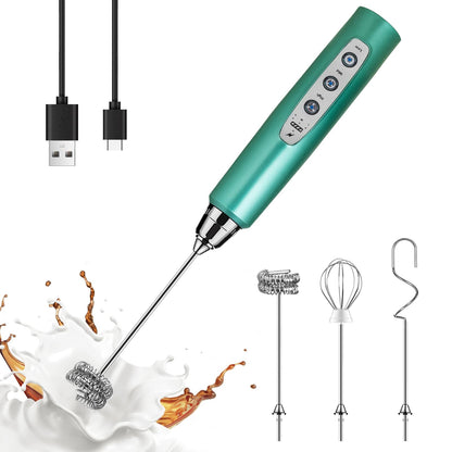 YUSWKO Black Handheld Milk Frother Wand for Coffee, Rechargeable Electric Whisk with 3 Heads 3 Speeds Drink Mixer Coffee Frother For Latte, Cappuccino, Hot Chocolate, Egg