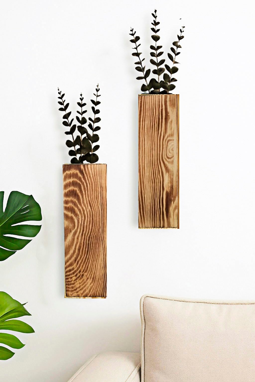 Wall Vases Set of 3 with Artificial Plants Wooden Hanging Planter Vases for Farmhouse, Modern & Rustic Home Decor Living Room, Bedroom, Kitchen, Office Decoration with Faux Greenery
