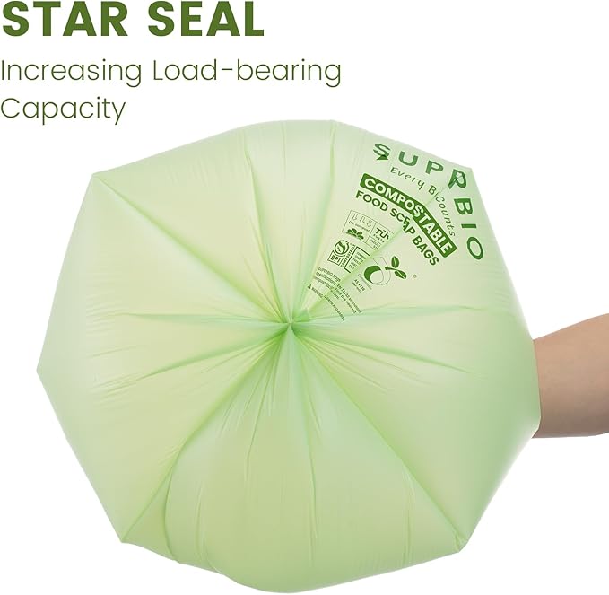 SUPERBIO 1.6 Gallon Handle Tie Compostable Food Scrap Bags, Small Compost Bags