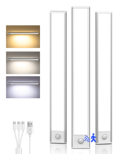 Under Cabinet Lighting Wireless,Rechargeable Battery Motion Sensor Light Indoor,LED Closet Lights USB Charging,3 Color Dimmable Under Cabinet Lights for Kitchen, Cabinet, Wardrobe (3 Pcs)12in