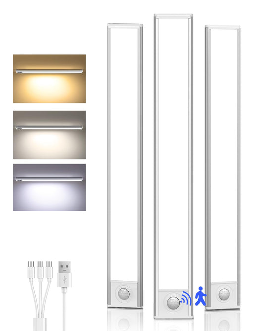 Under Cabinet Lighting Wireless,Rechargeable Battery Motion Sensor Light Indoor,LED Closet Lights USB Charging,3 Color Dimmable Under Cabinet Lights for Kitchen, Cabinet, Wardrobe (3 Pcs)12in