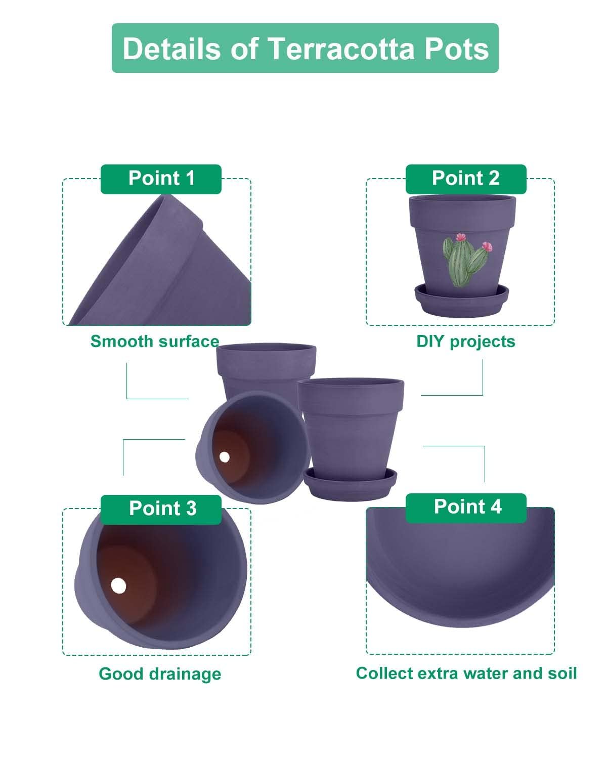 vensovo 6 Inch Purple Terracotta & Clay Pots for Plant with Saucer - 4 Pack Medium Terra Cotta Planter with Drainage Hole, Flowerpot for Indoor Outdoor Plants, Crafts, Wedding Favor