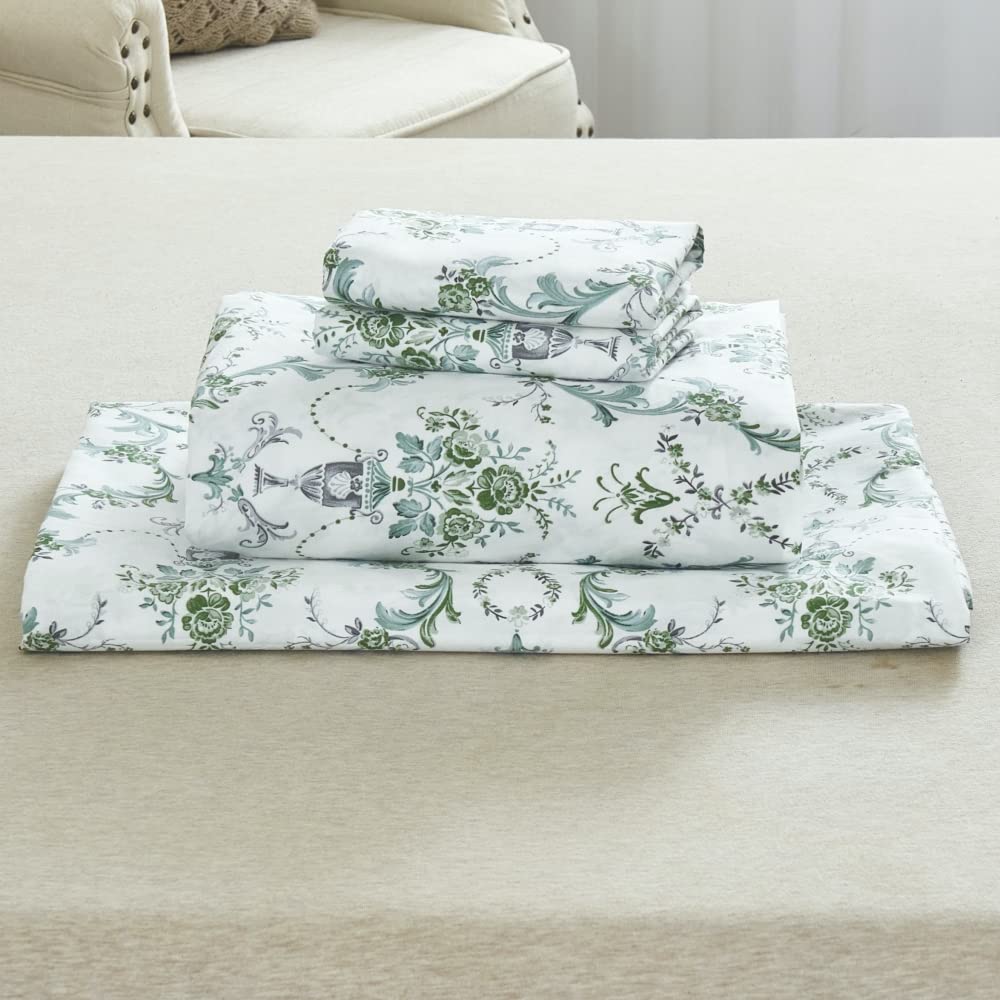 DAUAOTO 100% Cotton Sheets Set Twin Size Printed Bedding Sets, Up to 14" Deep Mattress, Botanical Vines Pattern Bedlinen Set, Green