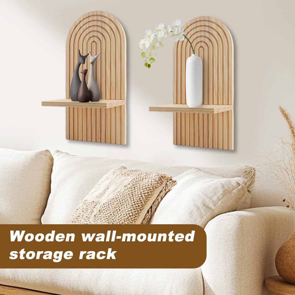 Boho Wall Decor Set of 2 Boho Wall Shelf with 1 Coaster, Natural Modern Minimalist Wa-ll Candle Holder for Bathroom, Bedroom, Living Room, Beside Fireplace TV, 13.78 x 7.09inch