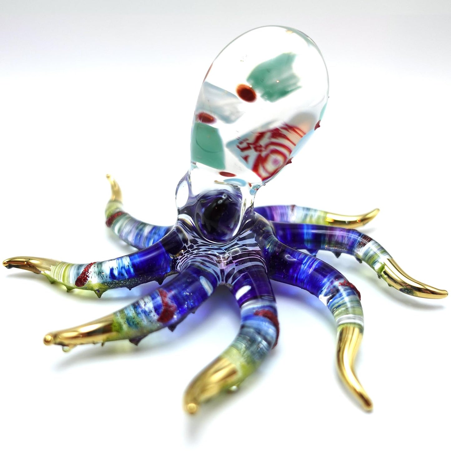 Sansukjai Octopus Glass Handmade Figurine – Detailed Hand-Painted Blown Glass Sea Animal Sculpture with 22K Gold Accents – Collectible Marine Life Art & Unique Ocean Gift Décor (4 inches Multi-Blue)