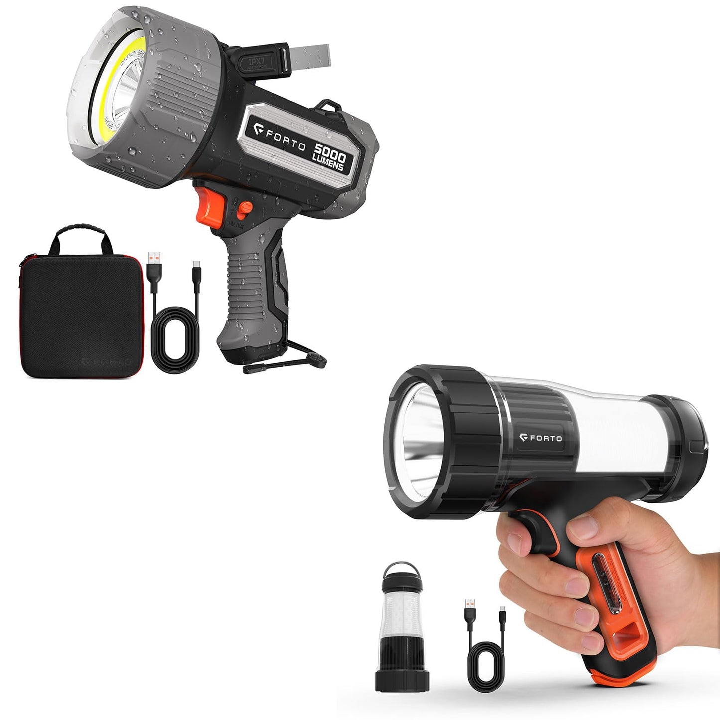 5000 Lumens and 3000 Lumens Spotlight, High Lumens, for Hiking, Emergency, Camping, Hunting