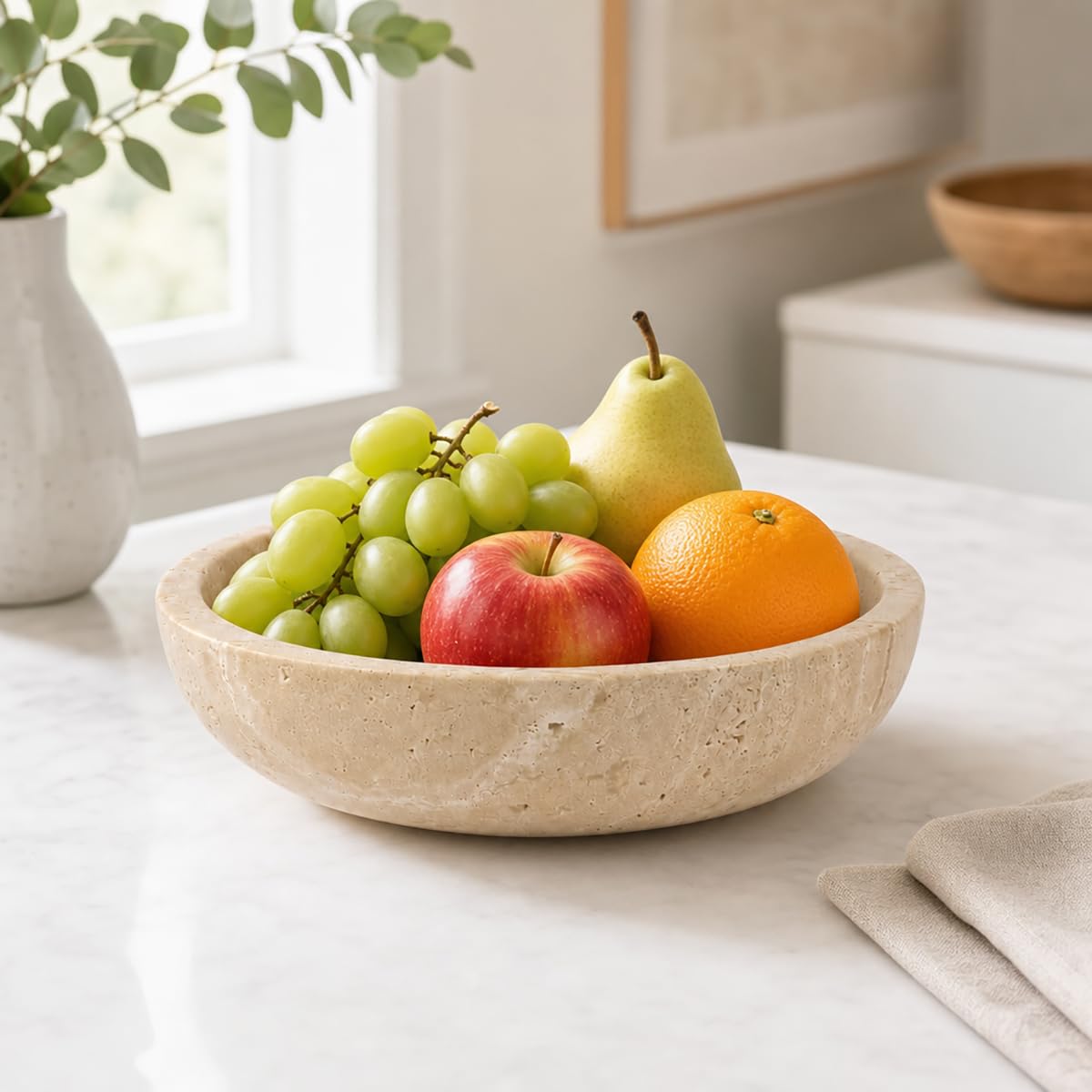 IVWOXO Natural Travertine Decorative Bowl for Coffee Table – 7.8”Handmade Beige Stone Fruit Bowl, Key Bowl for Entryway Table, Modern Catchall Tray, Vanity Jewelry Dish, Rustic Home Decor Centerpiece