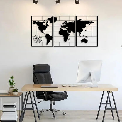 DUOOLN 3-Piece Metal World Map Wall Decor Art, Abstract Minimalist Hanging Sculpture, Travel Enthusiast Gift, Perfect Travel-Themed Artwork, Home Office Hotel Decoration - Black, 33.8“ W x 15.7” H / 86x40cm