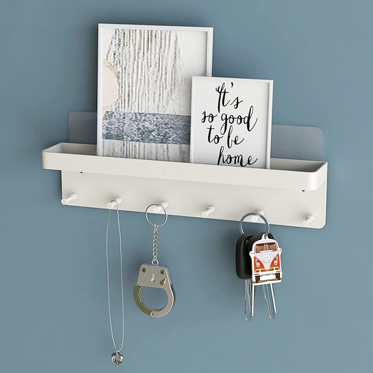MKO Key Holder for Wall, Mail Organizer and Key Rack Wall Mount with Tray & 6 Hooks for Hallway (White)