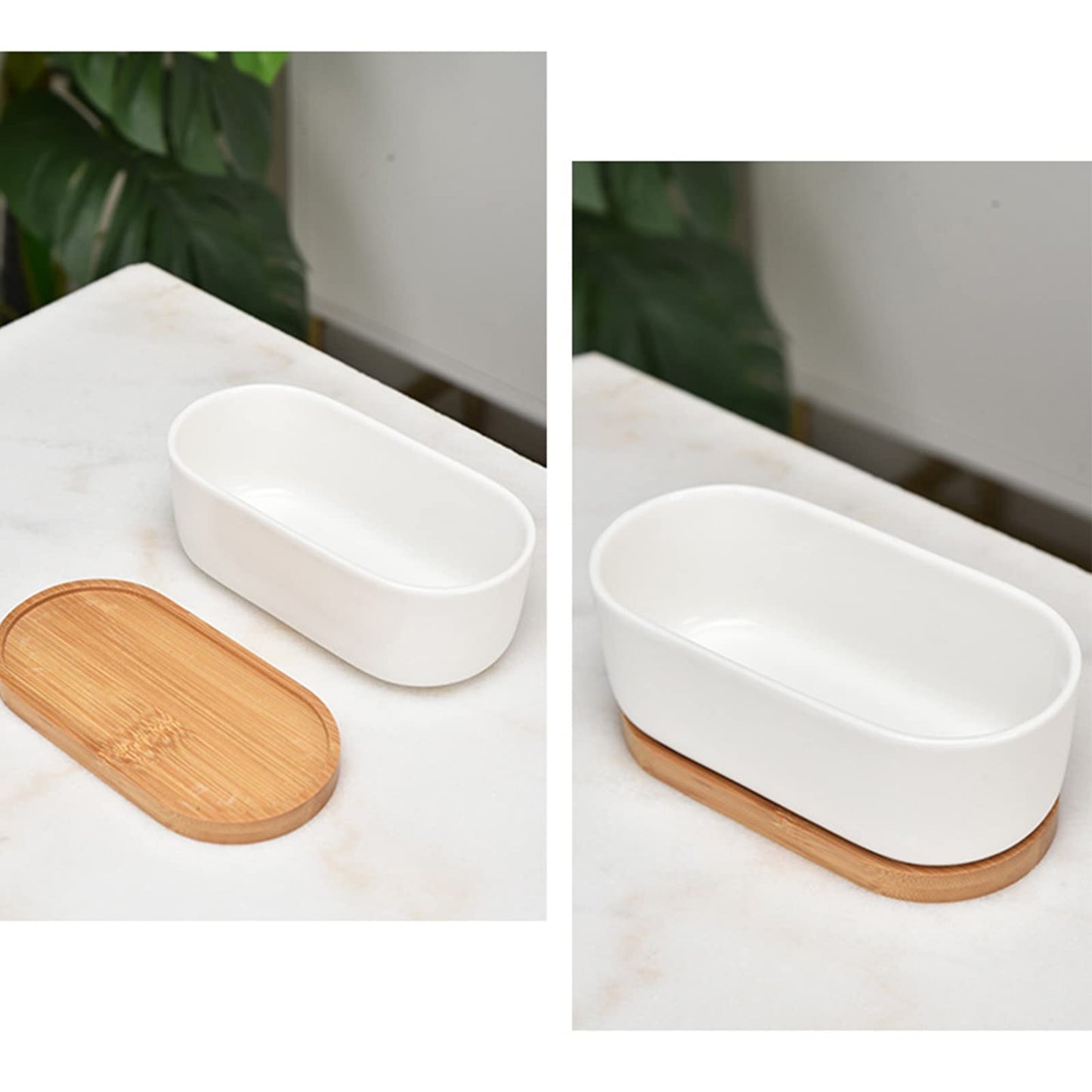 ARVINKEY White Ceramic Succulent Plant Pots, Indoor and Outdoor Succulent Planters, Set of 2 Small Cactus Containers, Bonsai Pots, Flower Pots with Drainage Hole and Bamboo Bowl (No Plant)