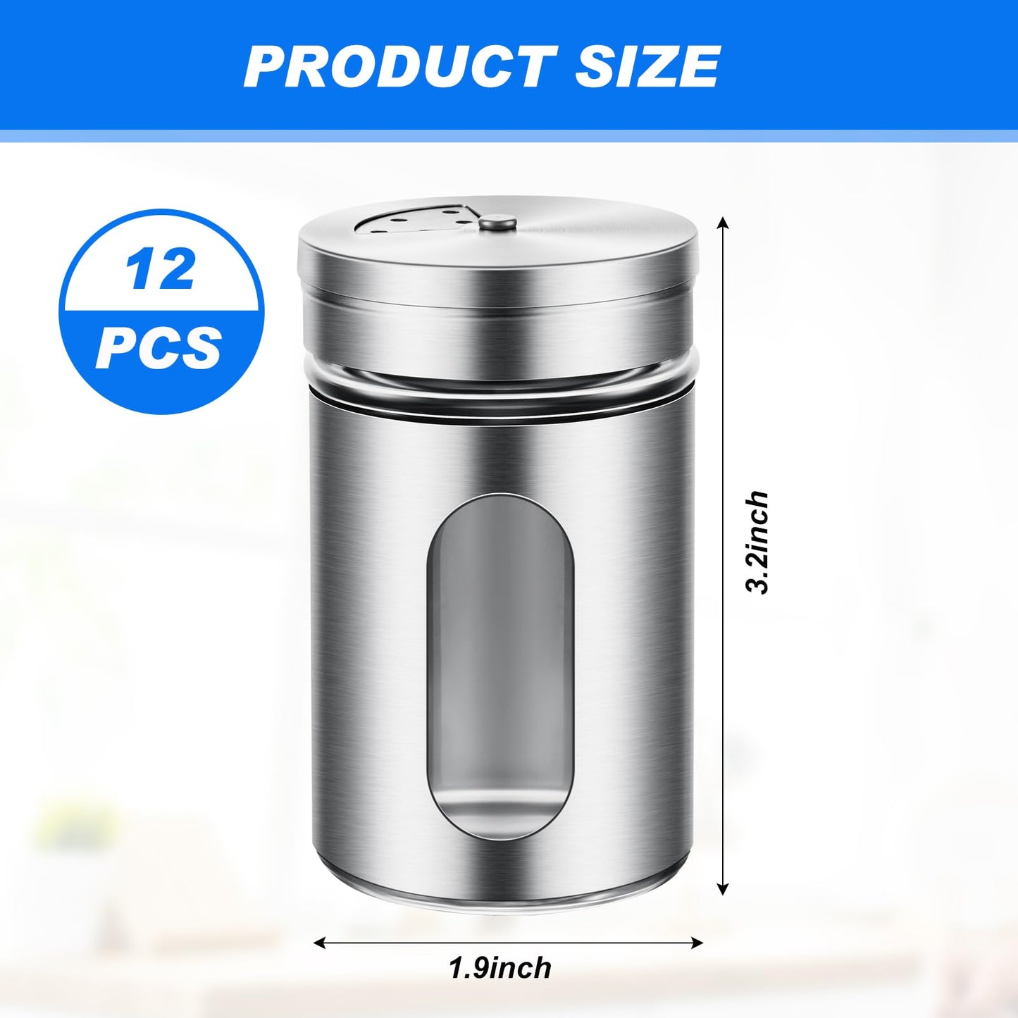Dandat 12 Pcs Salt and Pepper Shakers Stainless Steel Spice Shakers with Adjustable Pour Holes and Glass Window 3.4oz Salt Dispenser Spice Jars with Rotating Lids for Sugar Seasoning Home