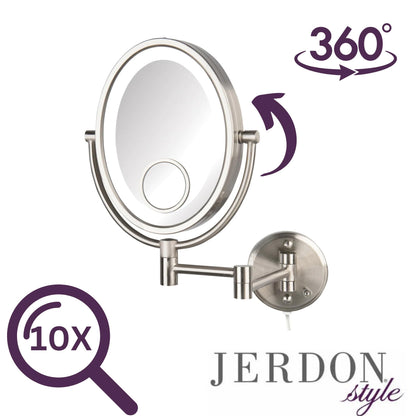 JERDON Two-Sided Wall-Mounted Makeup Mirror with Lights - Lighted Makeup Mirror with 10X Magnification & Wall-Mount Arm - Oval Mirror with Nickel Finish Wall Mount - Model HL9515NL