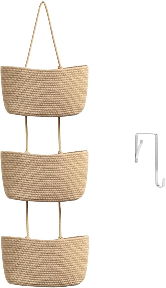 TeoKJ Over the Door Hanging Basket, 3-Tier Woven Cotton Wall-Mounted Storage