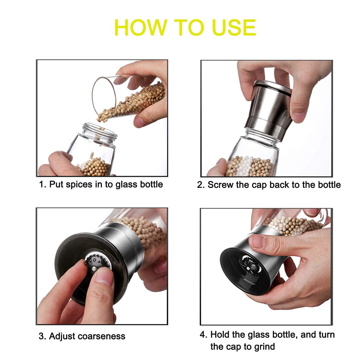 Premium Stainless Steel Salt and Pepper Grinder Set - Short Glass Shaker, Pepper Mill & Salt Mill with Adjustable Coarseness, Refillable for Himalayan or Sea Salt, Black Peppercorn, with Bonus Stand