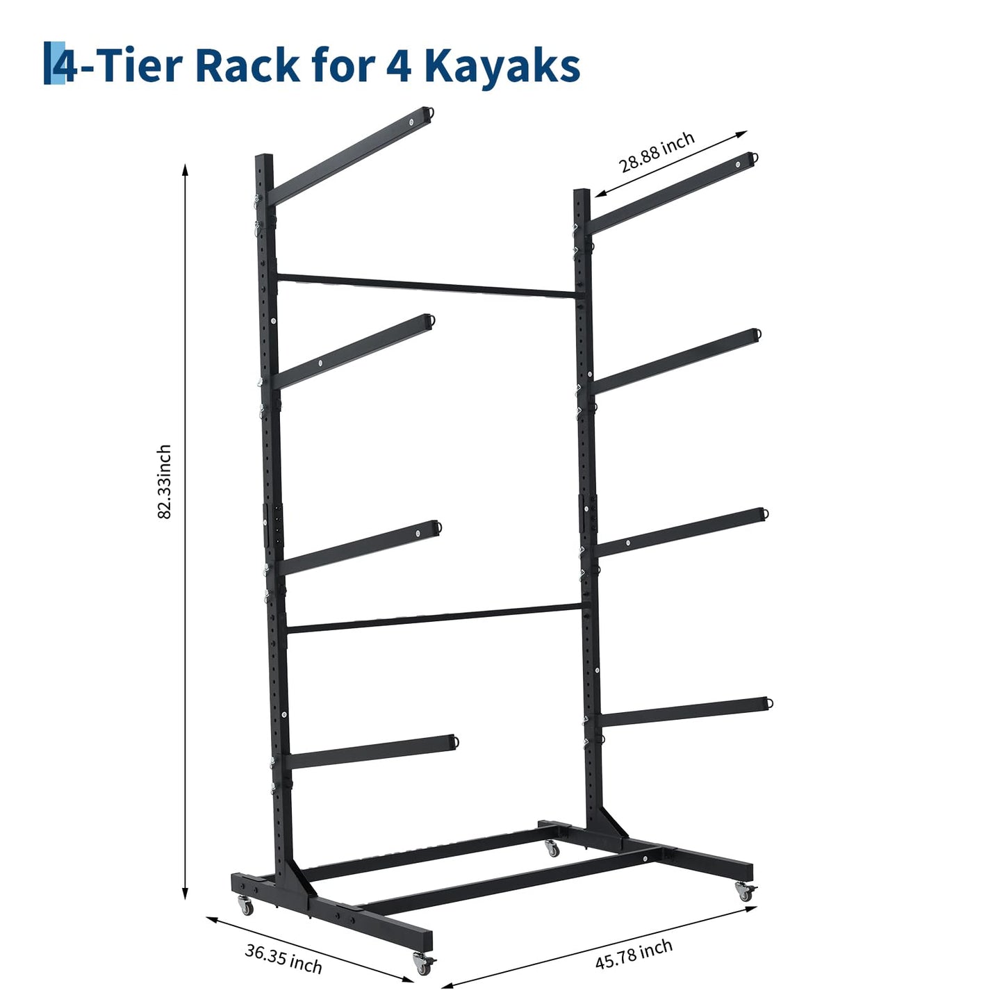 GarveeLife Heavy Duty 4-Tier Freestanding Kayak Storage Rack with Adjustable Detachable Wheels – Stand for Kayaks, Canoes, SUPs, Surfboards – Indoor or Outdoor, Garage Paddleboard Organizer,